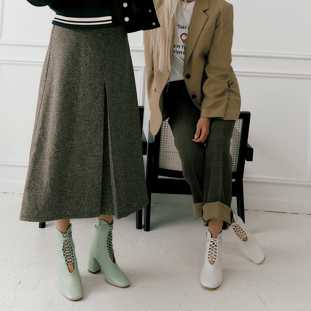 Daniella Shevel Belladonna Mint Green Lace Up Boot and Cleo in White Lace up Boot in fall styling