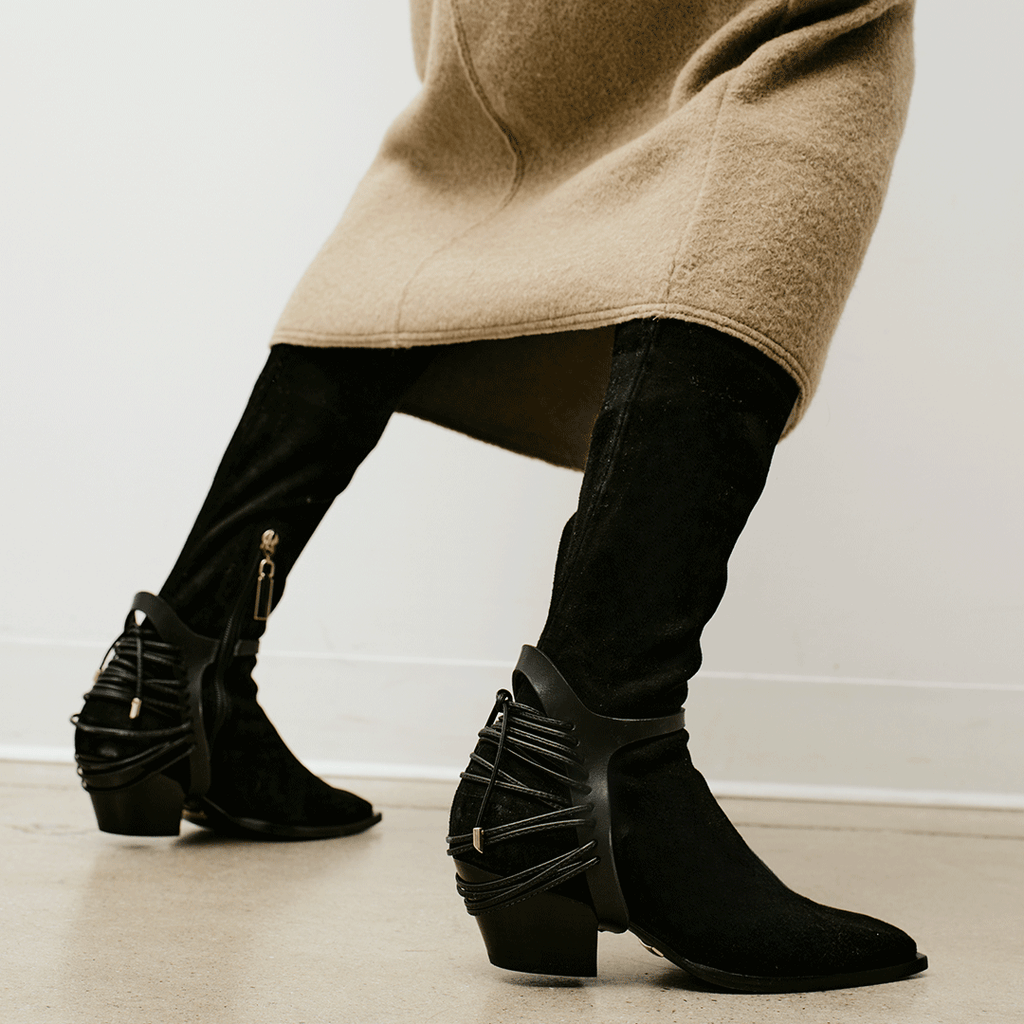 Daniella Shevel Cara Knee High Boot Black Styled in Midi Dress