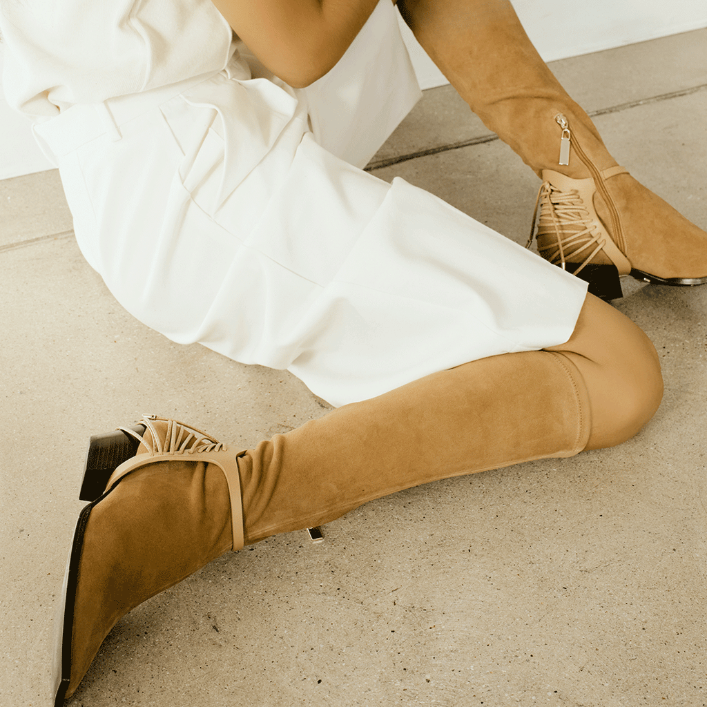 Daniella Shevel Cara Knee High Boot Brown Styled in White Shorts