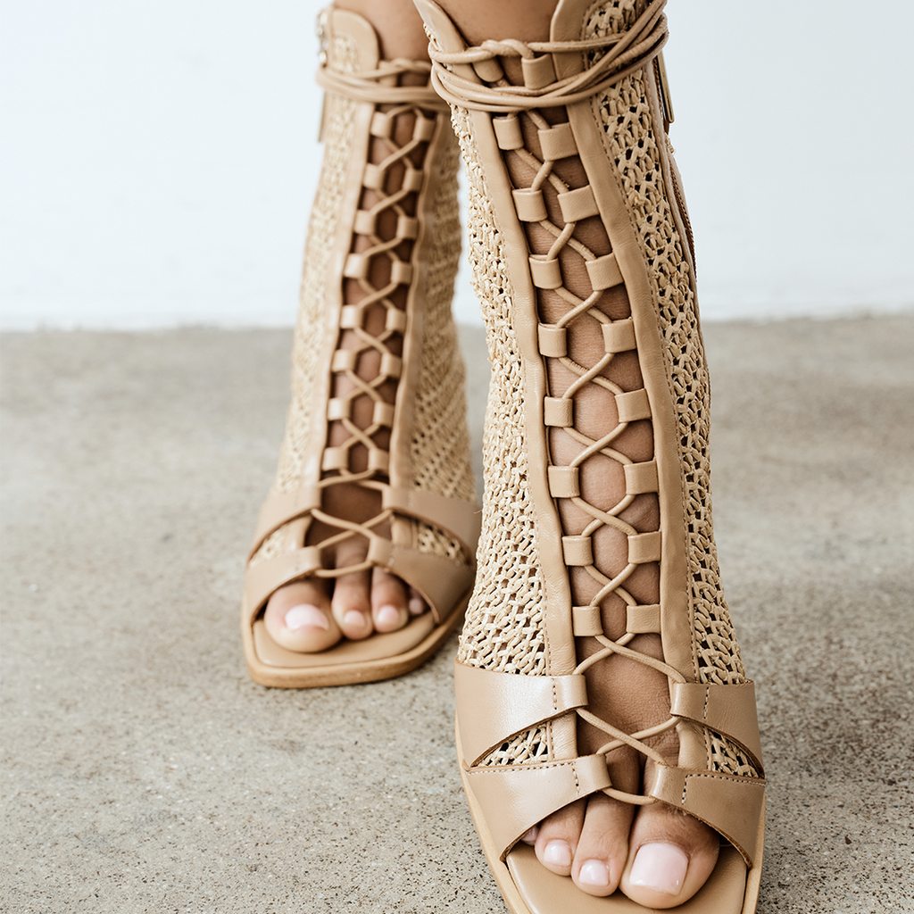 Daniella Shevel designer bootie in camel with laces close up