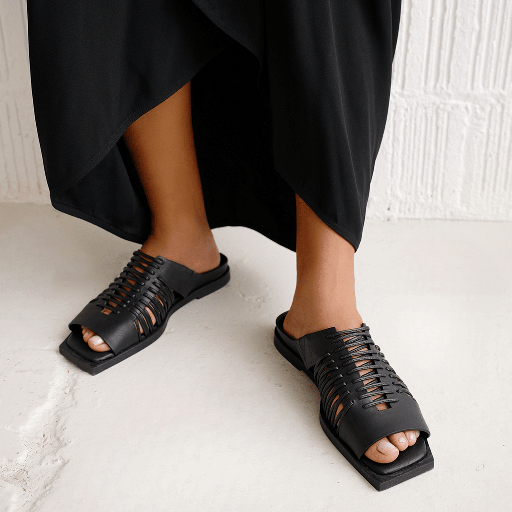 Daniella Shevel Gia leather woven slide in black leather details