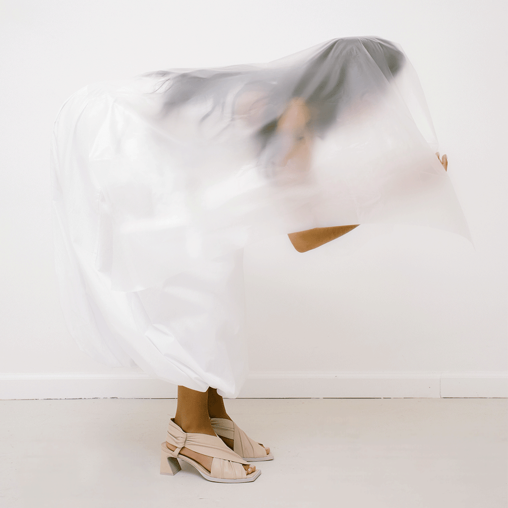 Daniella Shevel Harper in stone white wrap leather sandal with square toe  in white dress and veil 