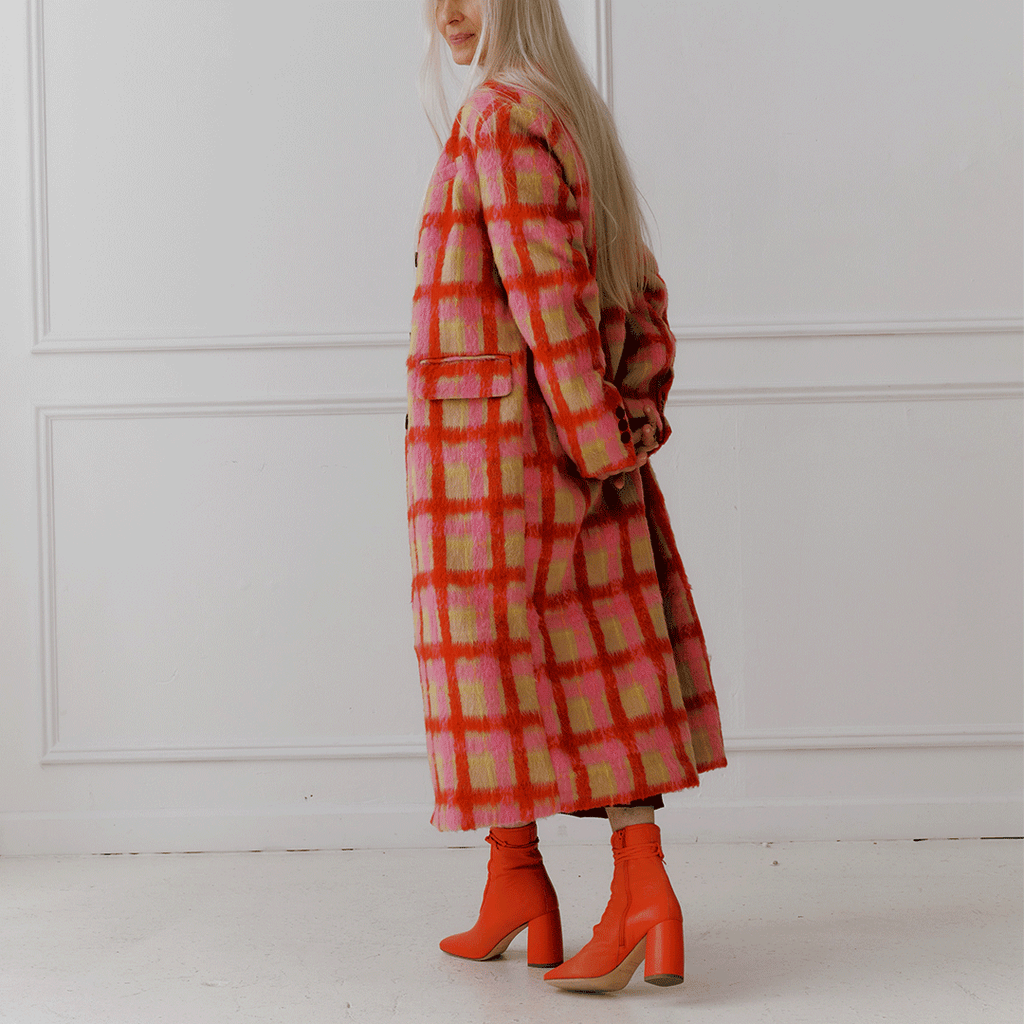 Daniella Shevel Belladonna Lace up boot in lobster red with long plaid coat