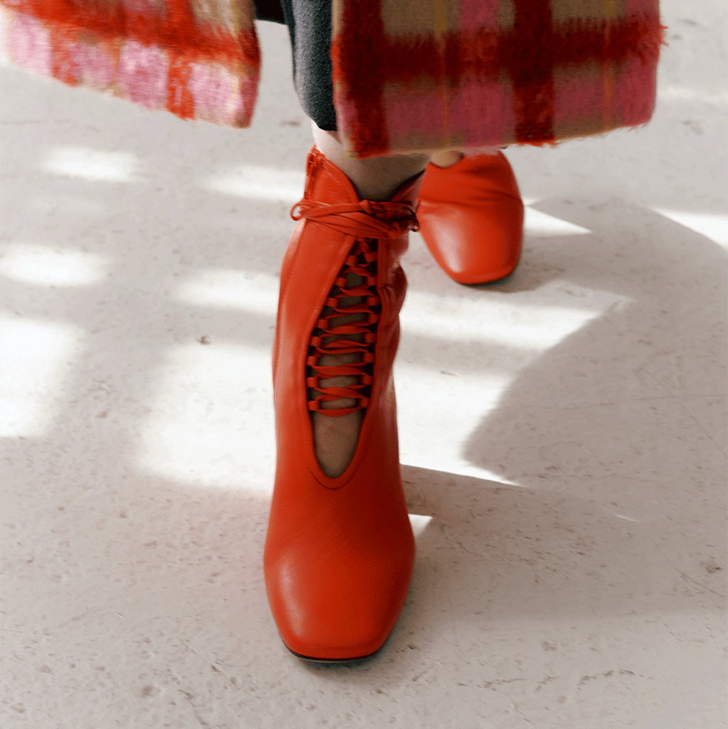 Daniella Shevel Belladonna Lace up boot in lobster red detail lacing 