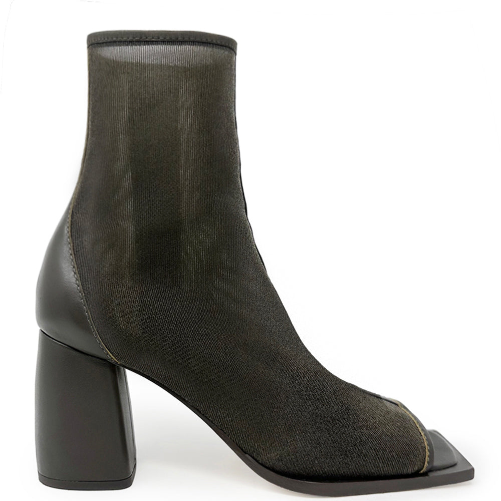 Daniella Shevel Onyx olive ankle boot with mesh and leather materials, open-toe design, and block heel.