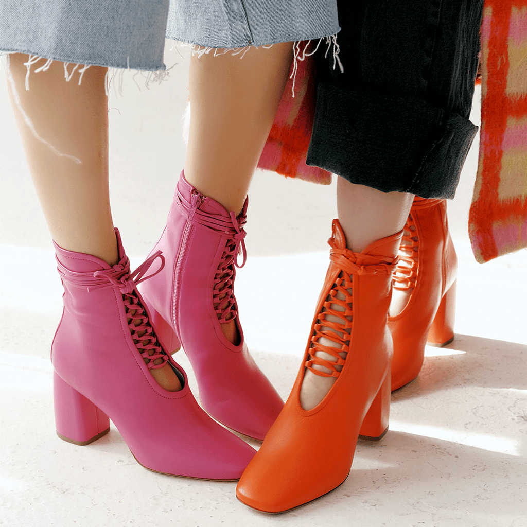  Daniella Shevel Belladonna Lace up boot in lobster red and Belladonna in intense pink detail shot