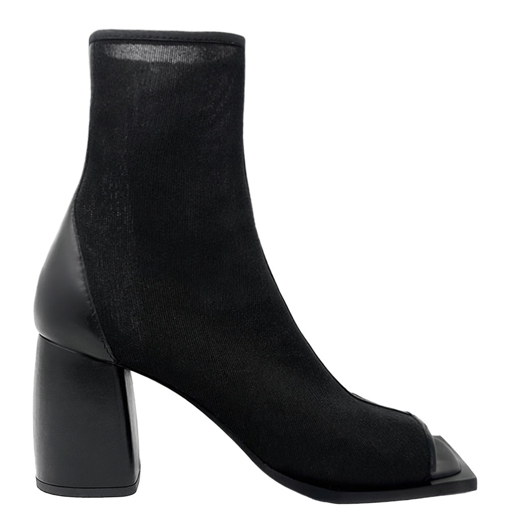 Daniella Shevel Onyx ankle boot in black mesh and leather, featuring a sleek open-toe design and block heel.