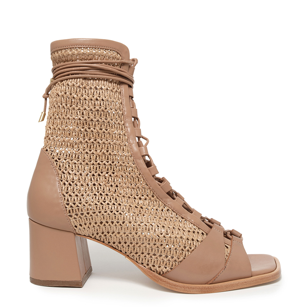 Daniella Shevel Frida Soft Caramel Raffia Open Toe Bootie Memory Foam Sole Adjustable Lacing