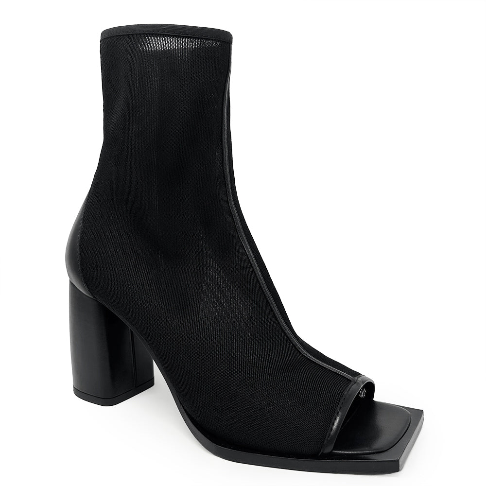 Daniella Shevel Onyx ankle boot in black mesh and leather, featuring a sleek open-toe design and block heel.