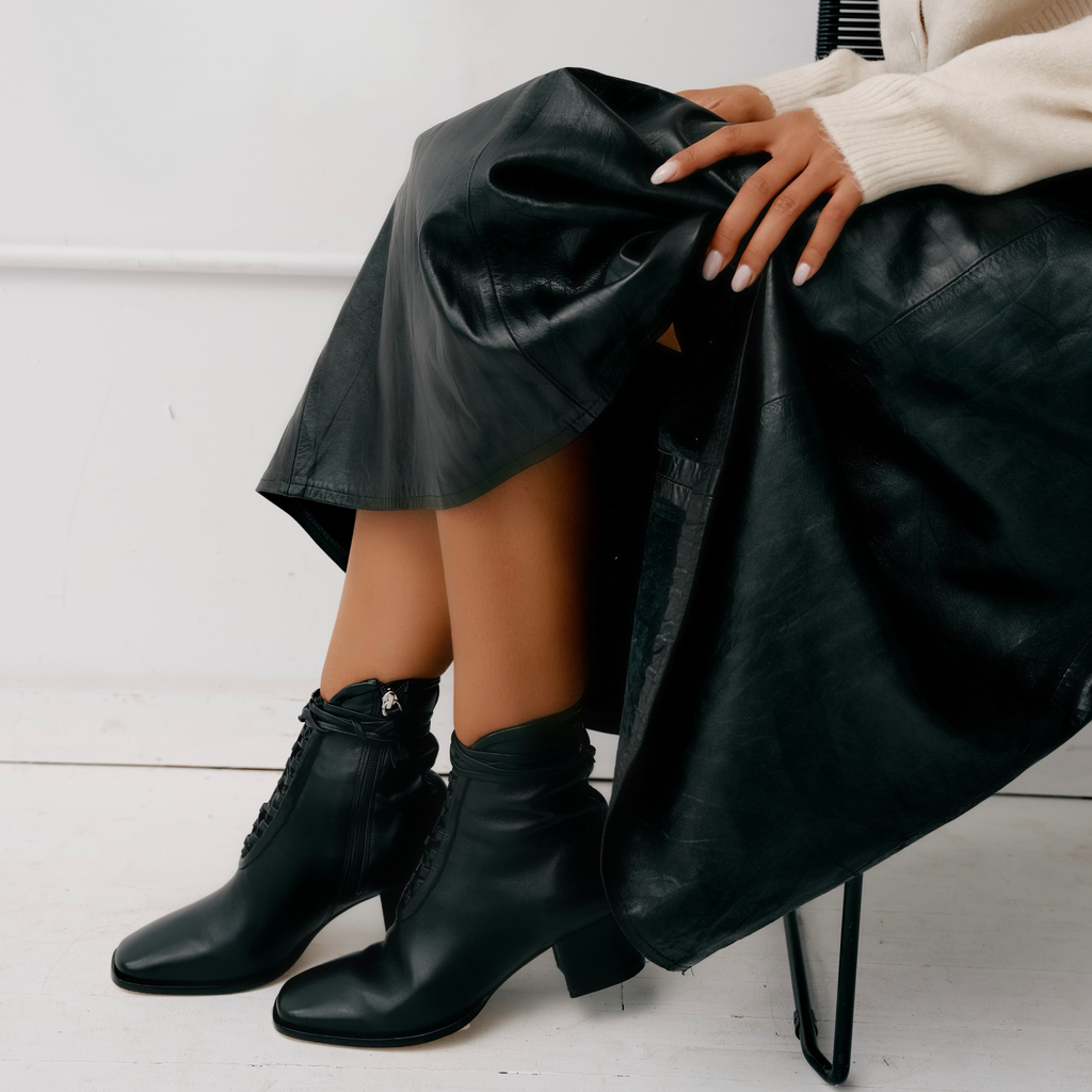 Daniella Shevel Willow Black Leather Bootie with Low Heel and Black Laces and leather welt extension Side View