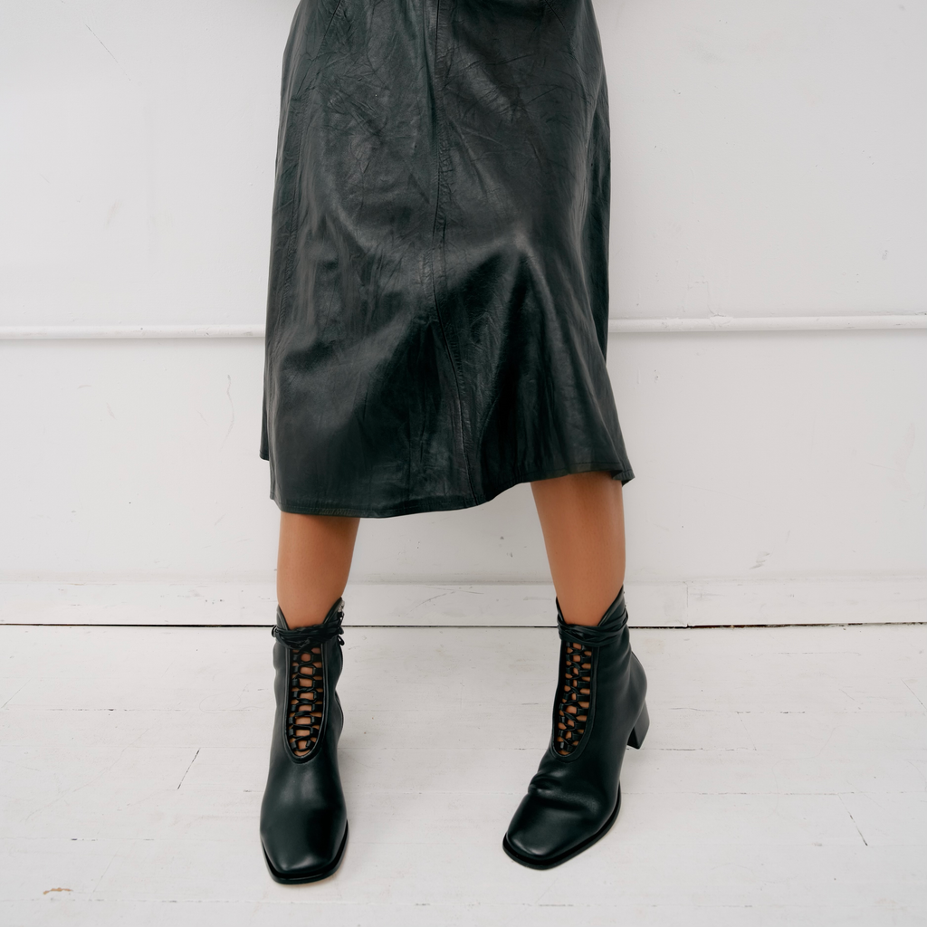 Daniella Shevel Willow Black Leather Bootie with Low Heel and Black Laces and leather welt extension Side View