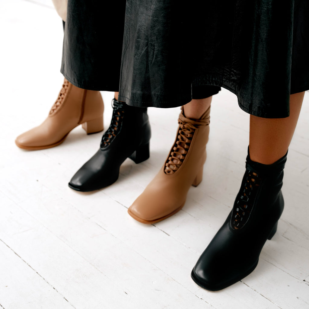 Daniella Shevel Willow Black and Camel Leather Bootie with Low Heel and Black and  Camel Laces and welt Side View