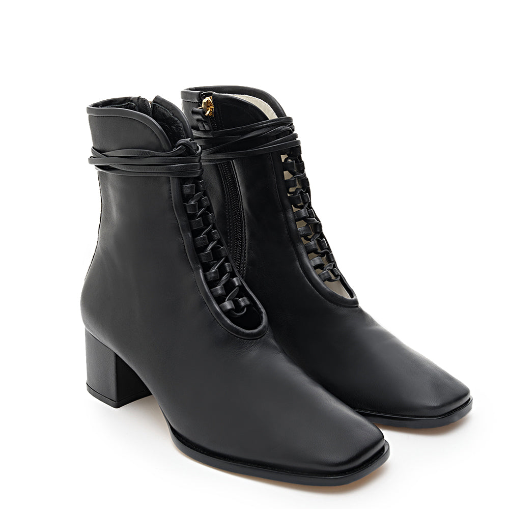 Daniella Shevel Willow Black Leather Bootie with Low Heel and Black Laces and leather welt extension front View