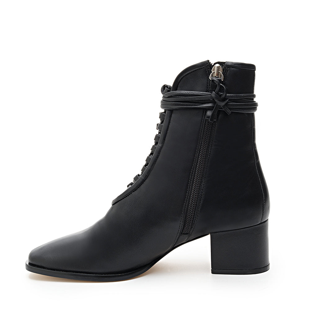 Daniella Shevel Willow Black Leather Bootie with Low Heel and Black Laces and leather welt extension inside zipper View