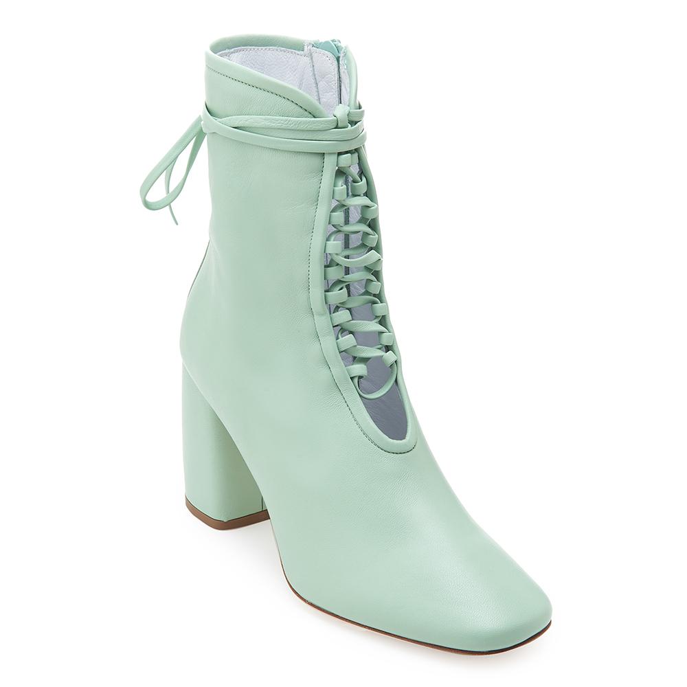 Daniella Shevel BellaDonna Designer Mint Green Leather Boot with Heel and Laces Front View