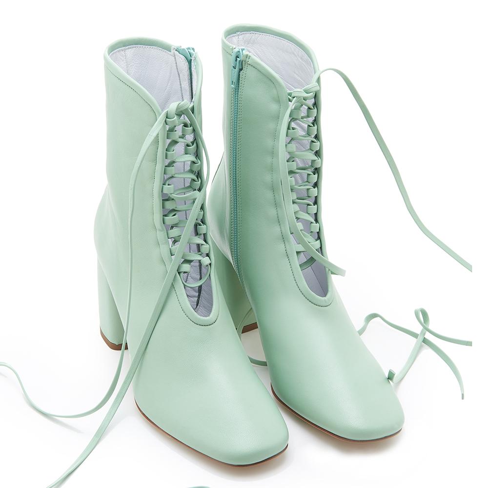 Daniella Shevel BellaDonna Designer Mint Green Leather Boot with Heel and Laces Full Pair View