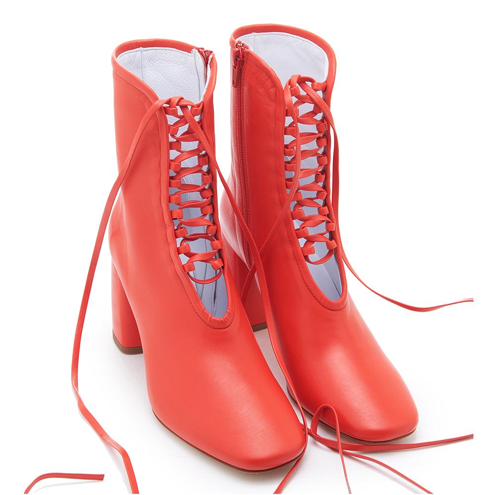 Daniella Shevel BellaDonna Red Leather Boot with Heel and Red Laces Full Pair