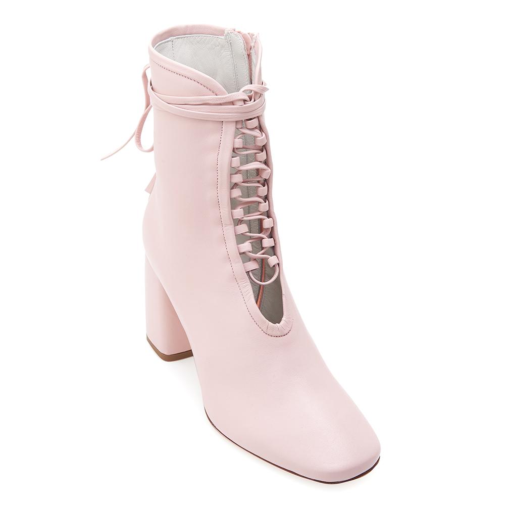 Daniella Shevel BellaDonna Designer Rose Pink Leather Boot with Heel and Laces Front View