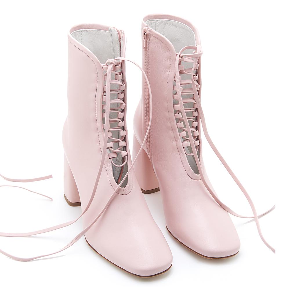 Daniella Shevel BellaDonna Designer Rose Pink Leather Boot with Heel and Laces Full Pair View