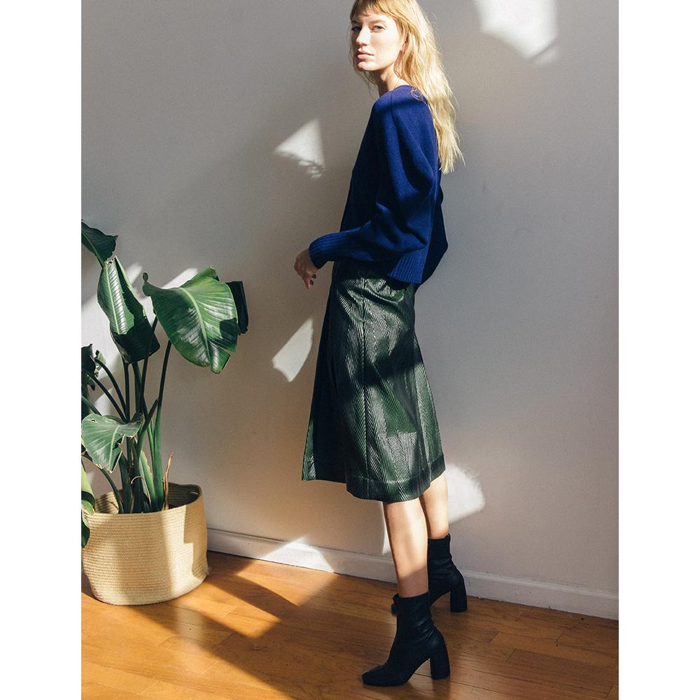 Daniella Shevel BellaMia Black Stretch Boot with Block Heel and Leather skirt with blue sweater