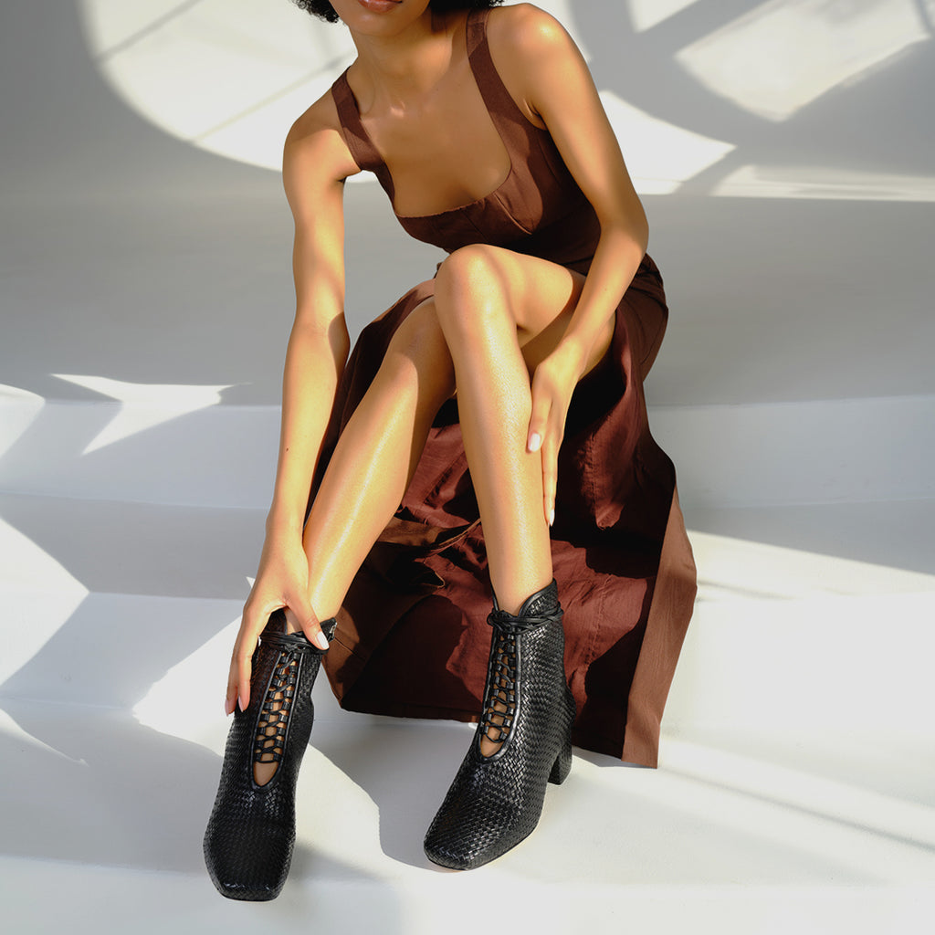 Daniella Shevel Black Woven Kamari Bootie with brown Staud dress on model