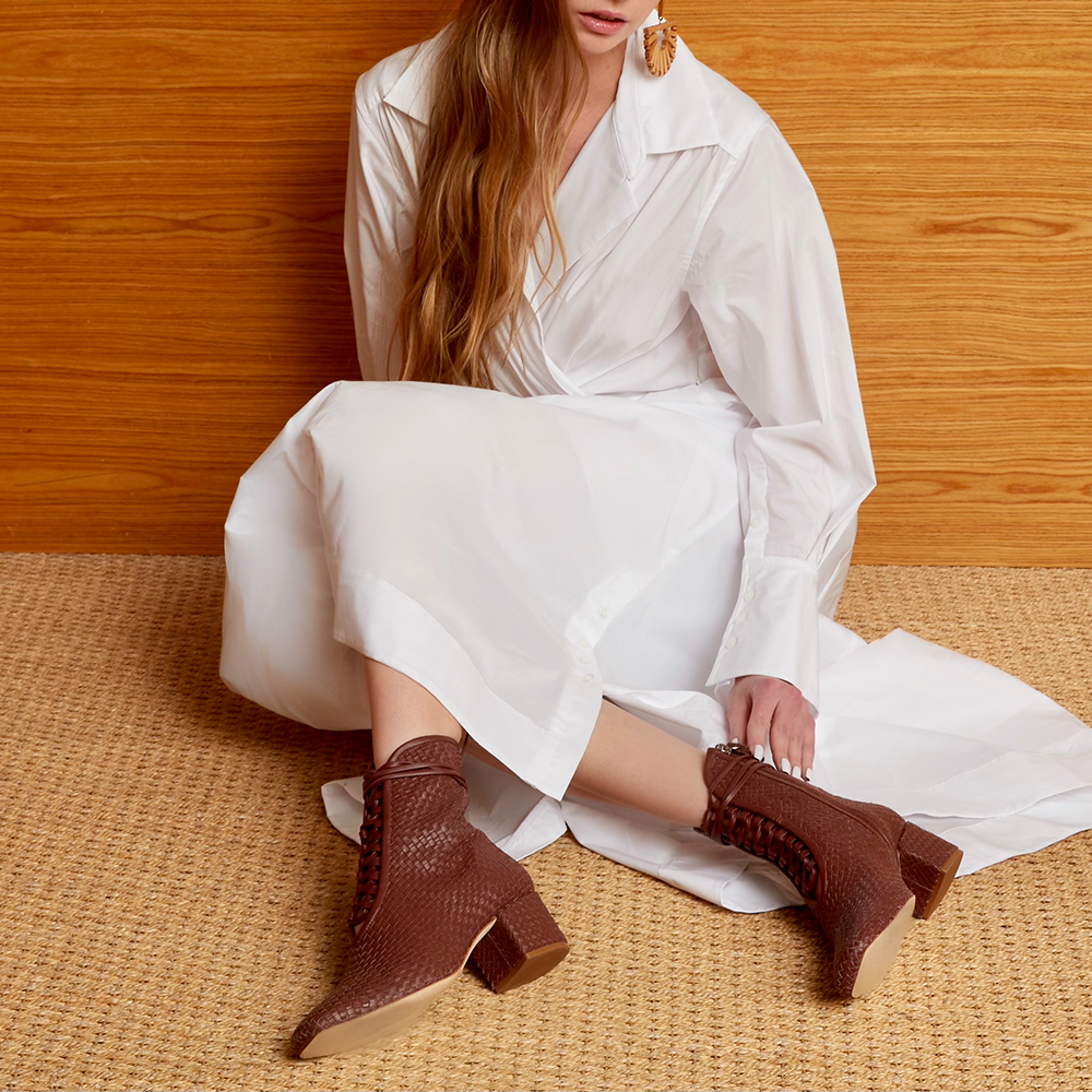 Daniella Shevel Coffee Brown Bootie In Woven Leather With White Dress