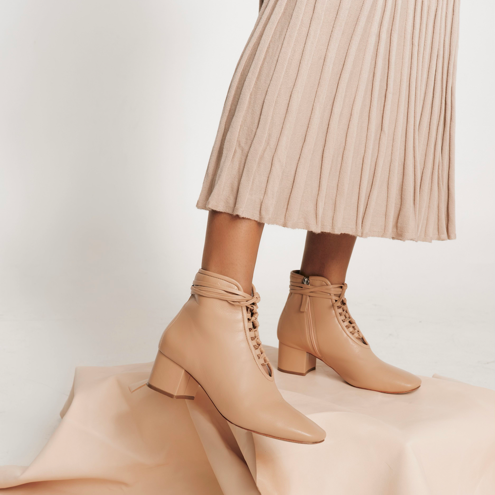 Daniella Shevel Camel Cleo Bootie with ivory pleated dress