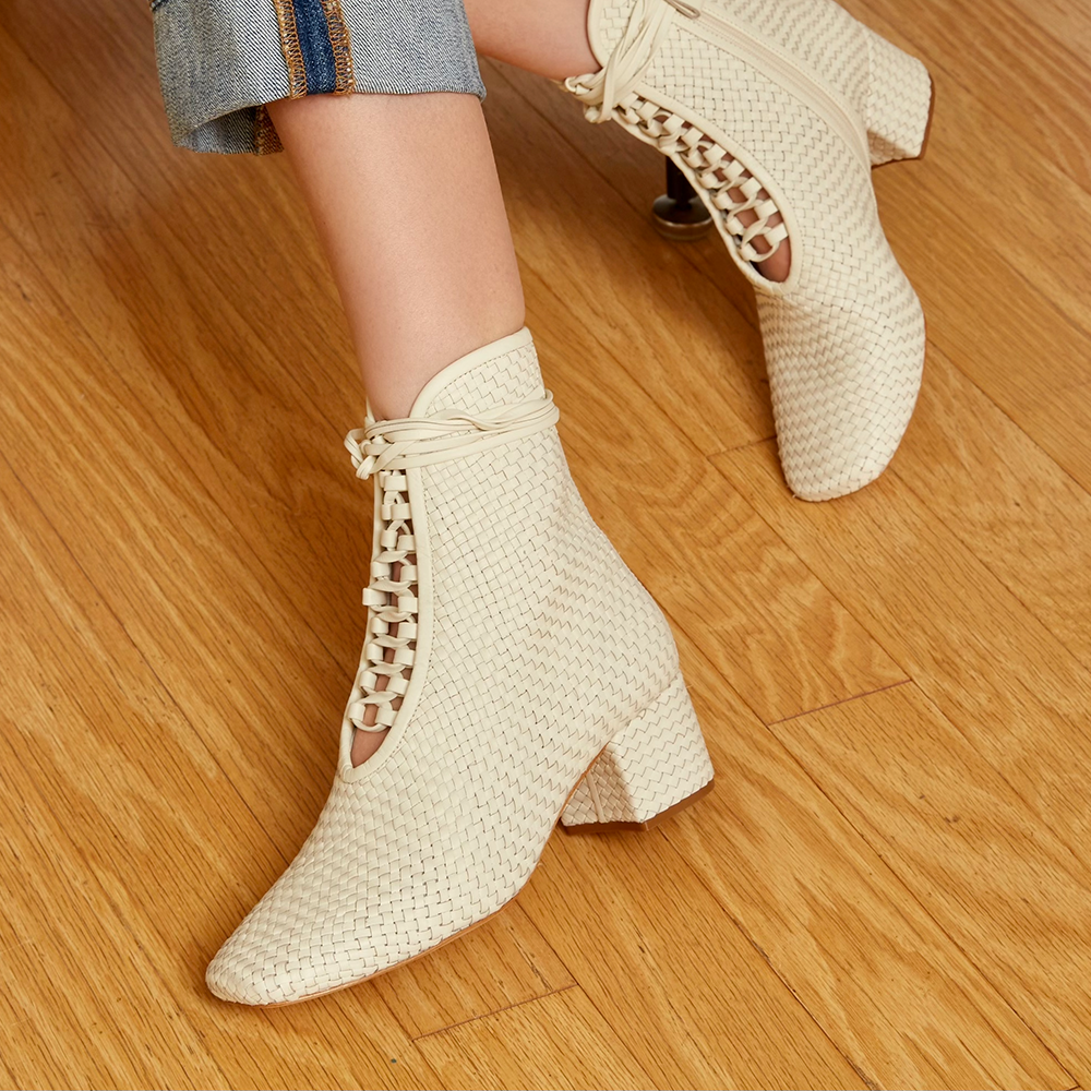 Kamari Woven Cream Leather Bootie with Nappa Leather Laces It 36 US 5.5 Woven Cream