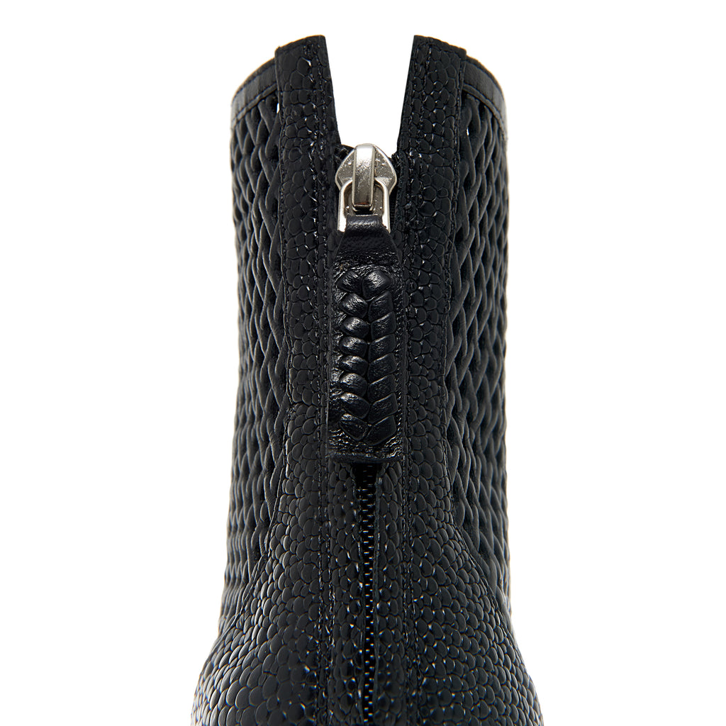 Daniella Shevel Isabella Laser Cut Leather and Hand Woven Interlacing Bootie Back View in Black