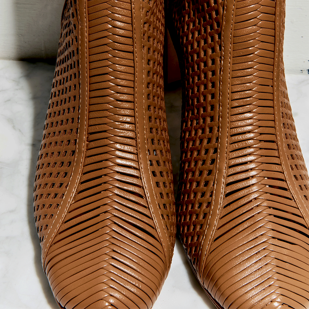 Daniella Shevel Isabella Cream Camel Bootie with leather mesh and woven details close up view