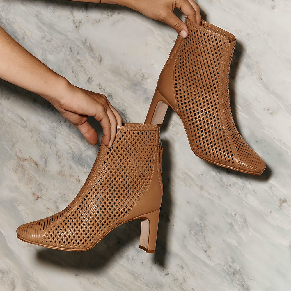 Daniella Shevel Isabella Cream Camel Bootie with leather mesh and woven details help up by hands art