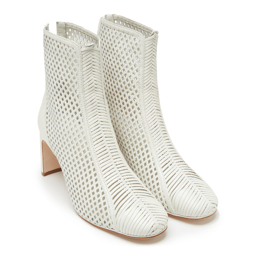 Daniella Shevel Isabella Laser Cut Leather and Hand Woven Interlacing Bootie Front View in wedding white