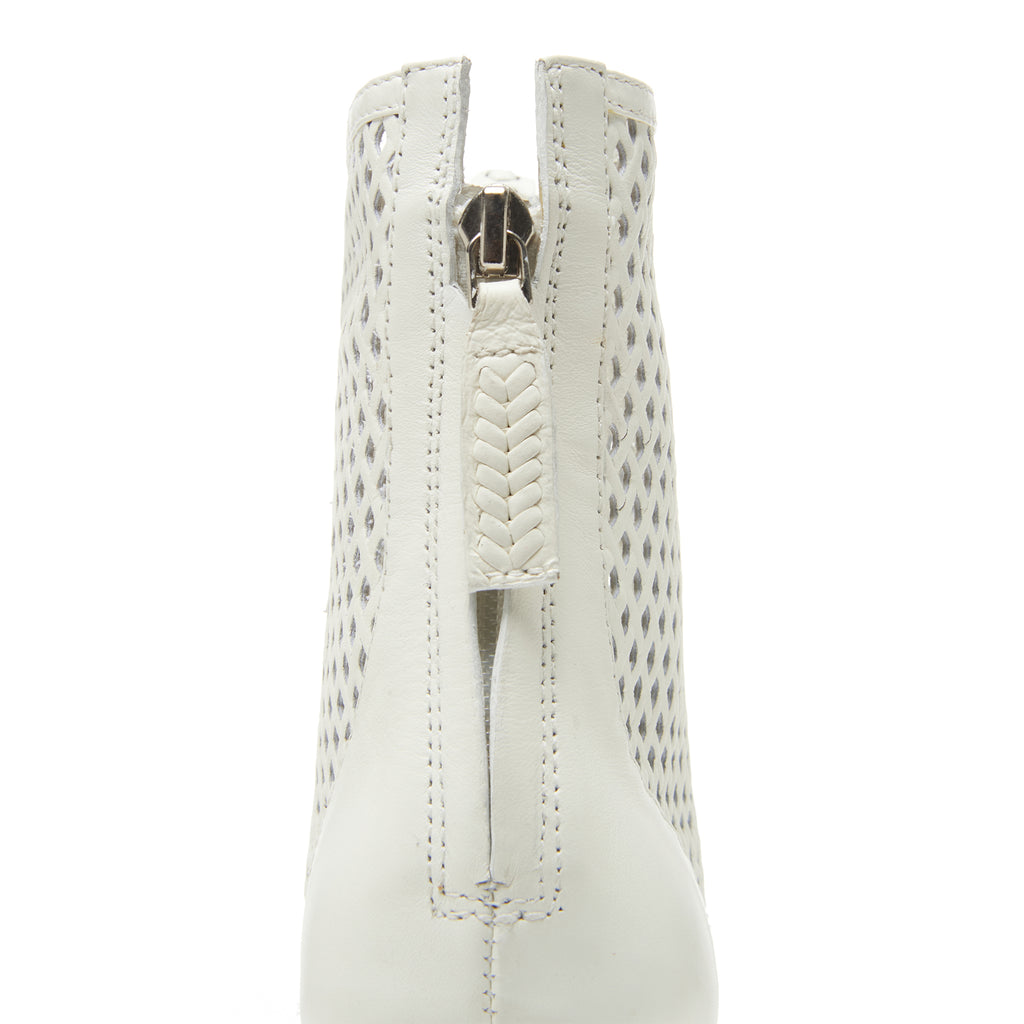 Daniella Shevel Isabella Laser Cut Leather and Hand Woven Interlacing Bootie Back Zipper detail View in wedding white