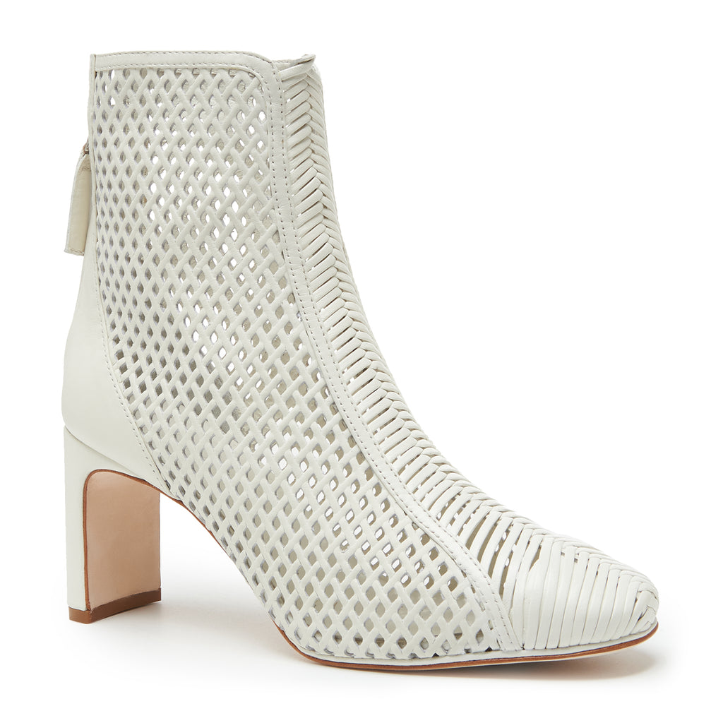 Daniella Shevel Isabella Laser Cut Leather and Hand Woven Interlacing Bootie angle View in wedding white