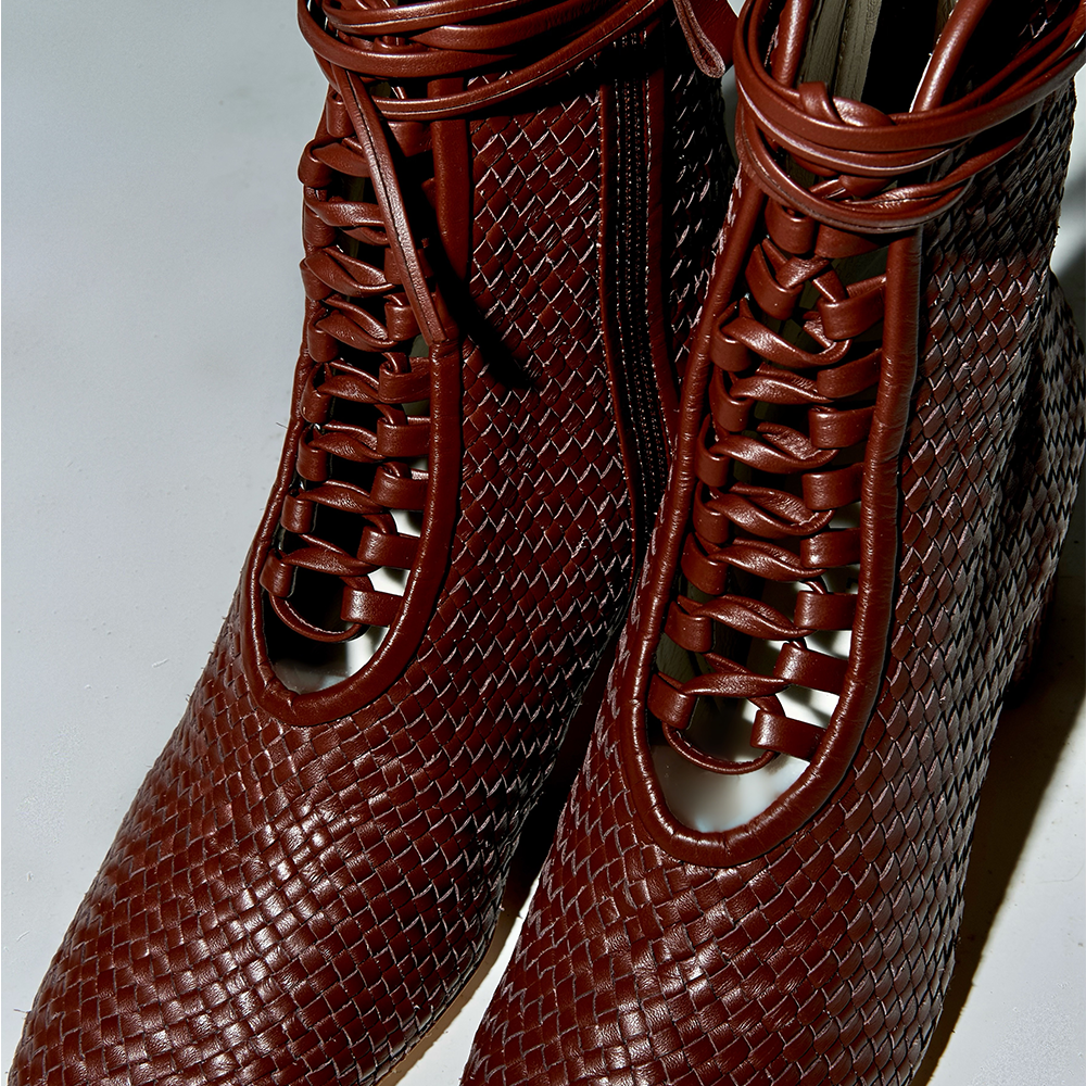 Daniella Shevel Chocolate Brown Kamari lace up Cream boot close up