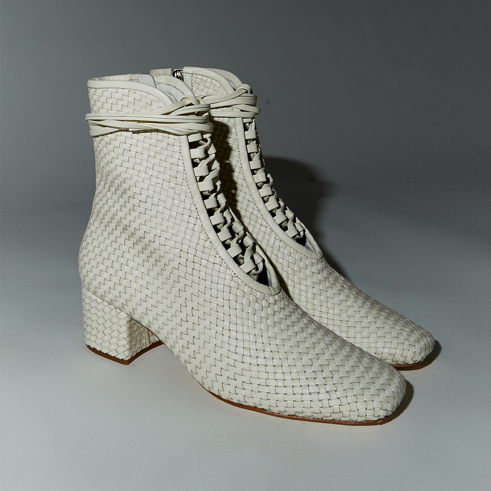 Daniella Shevel Woven Kamari lace up Cream boot close up