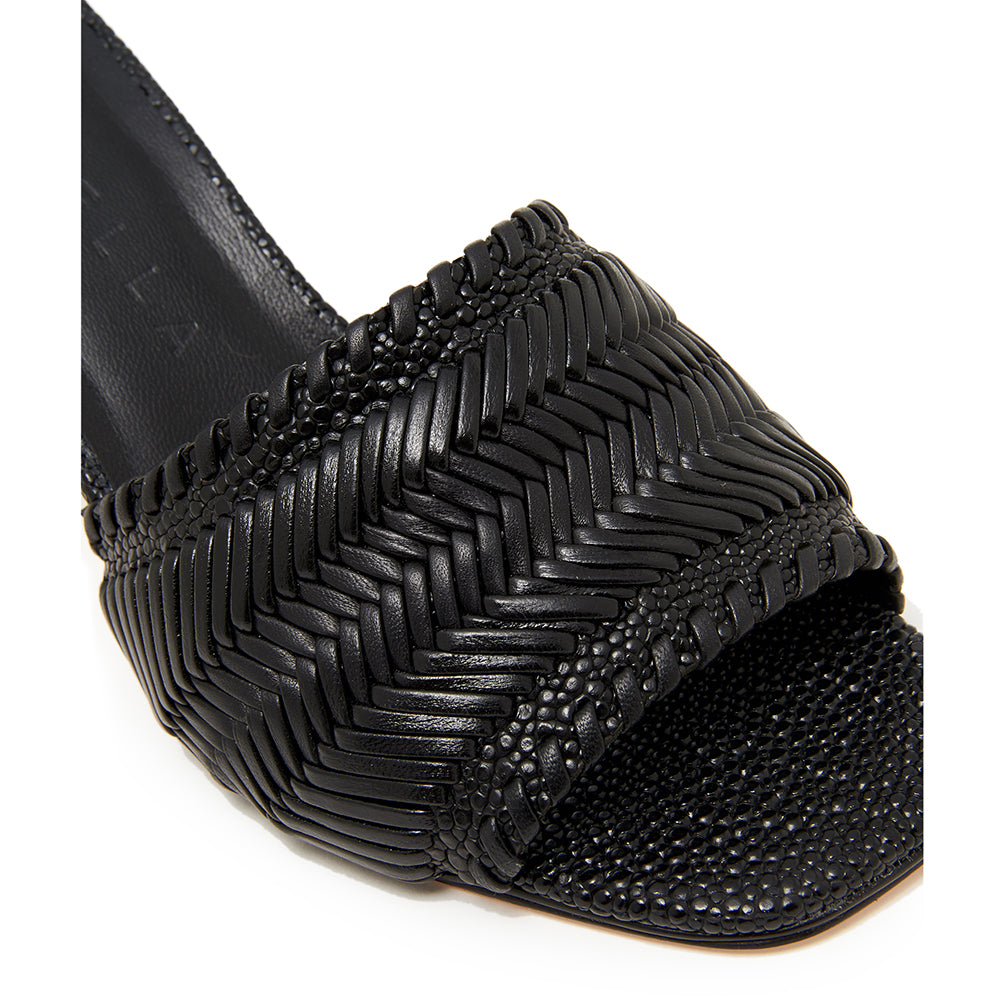 Daniella Shevel Monaco Sandal Mule Heel in black detail view with embossed stingray leather