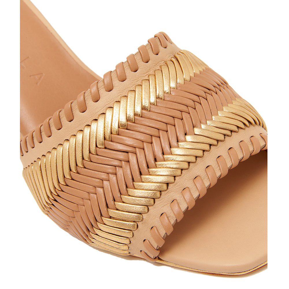 Daniella Shevel Monaco Sandal Mule Heel in Gold Sand Brown detail view