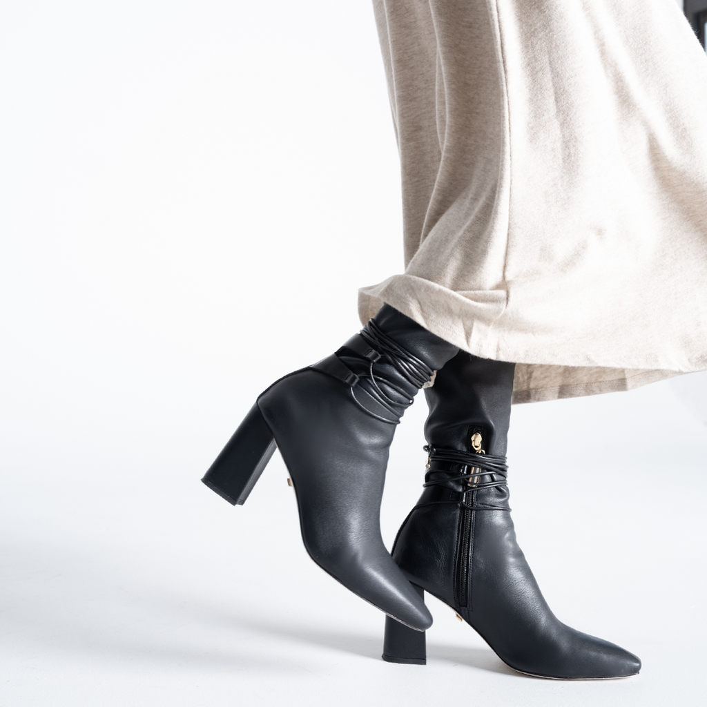 Daniella Shevel Tall to the knee black boot in stretch leather with long wool dress