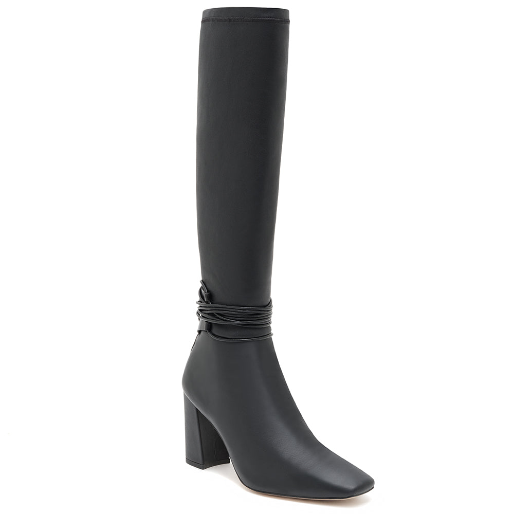 Daniella Shevel Black Tall Shaft Boot in Black Leather stretch angle view with laces
