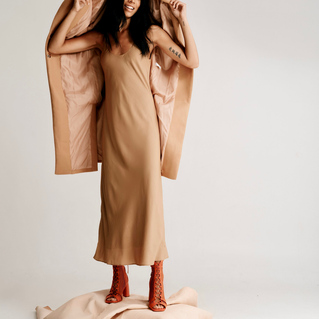 Daniella Shevel Red Romi Mesh Open Toe Boot with camel cream dress and coat