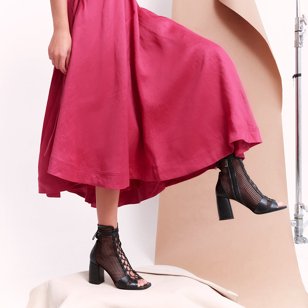 Daniella Shevel Romi Mesh Lace Up Heel with pink ruffle dress dress