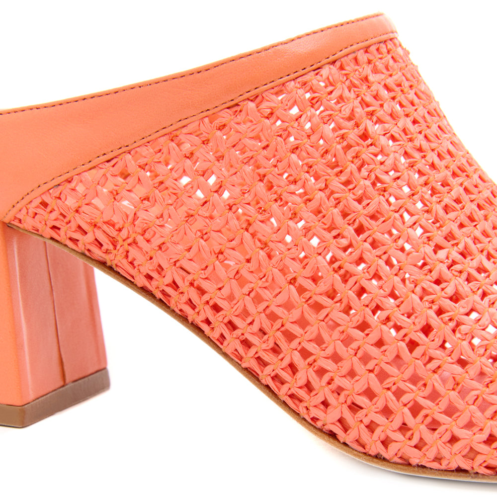 Daniella Shevel Salma Coral Orange Raffia Low Heel Open Toe Mule with wide square toe shape detail