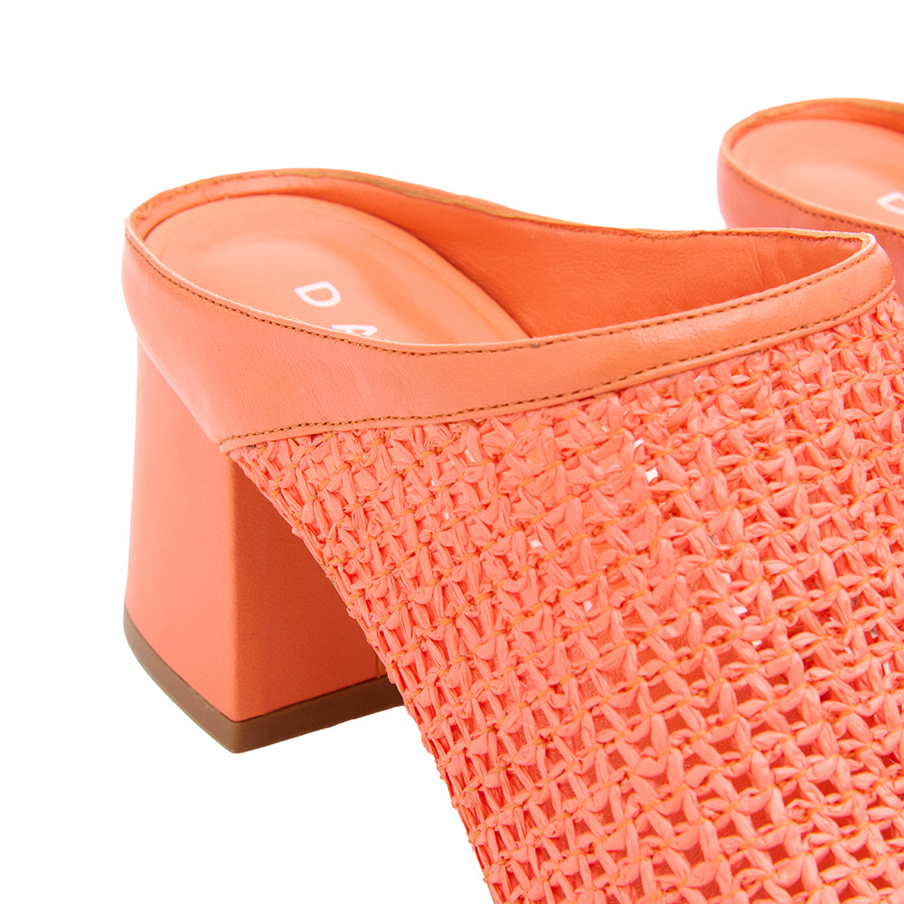 Daniella Shevel Salma Orange Coral Raffia Low Heel Open Toe Mule Detail View