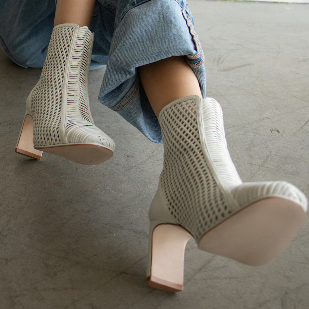 Daniella Shevel White Isabella Woven Bootie with work denim jeans and tshirt