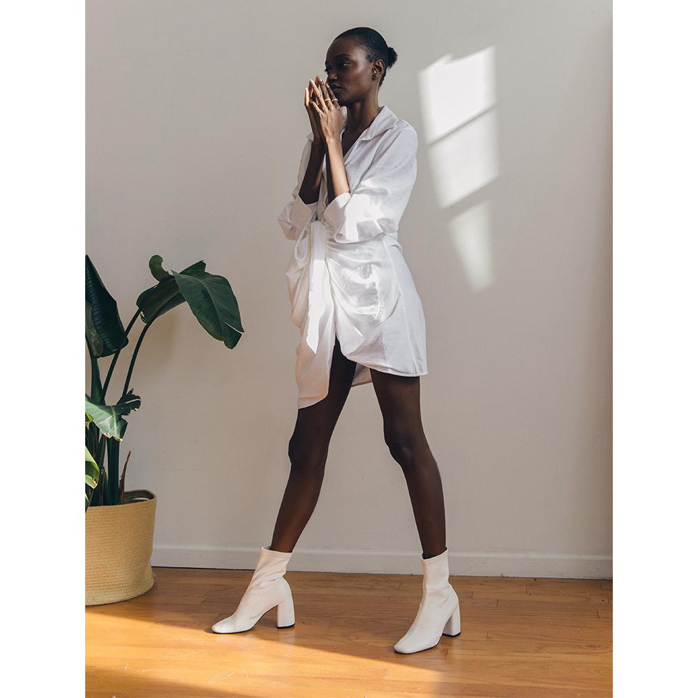 Daniella Shevel BellaMia white Stretch Boot with Block Heel and white Dress