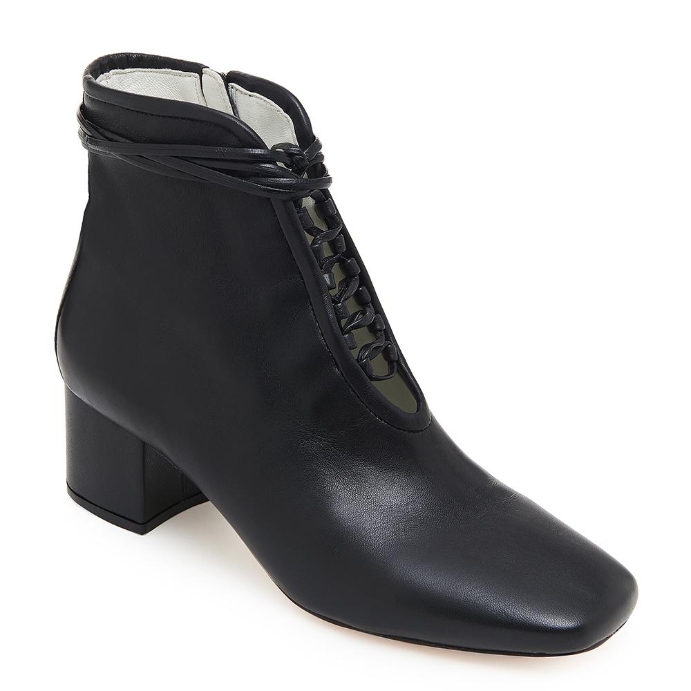 Daniella Shevel Cleo Black Nappa Leather Boot with Low Heel and Black Laces Detail View