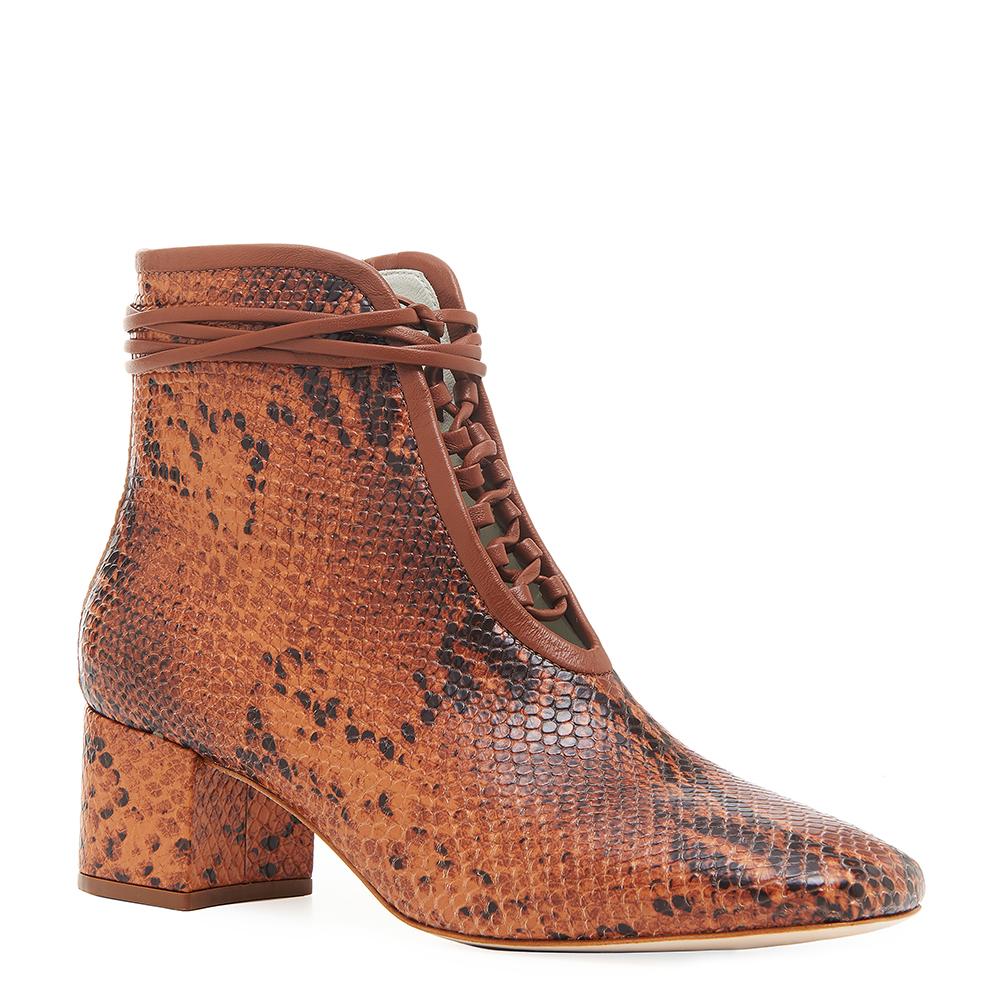 Cleo Brown Printed Snake Leather low Heel Boot with Lambskin Leather ...