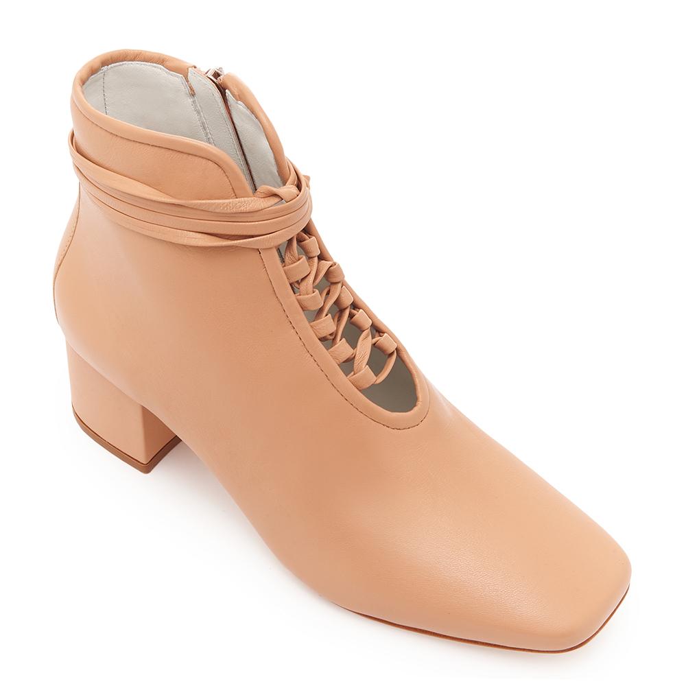 Daniella Shevel Cleo Nude Leather Bootie with Low Heel and Nude Laces Angle View