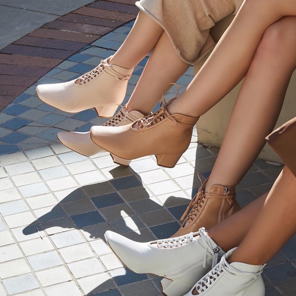 Daniella Shevel Cleo Pastel Pink Nude White Nappa Leather Boot with low Heel on models in Los Angeles